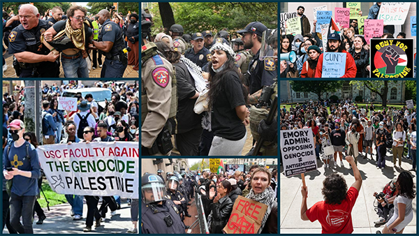 A compilation of 6 photos of recent protests from colleges and universities with students and faculty opposing the genocide in Gaza and the illegal Israeli occupation.