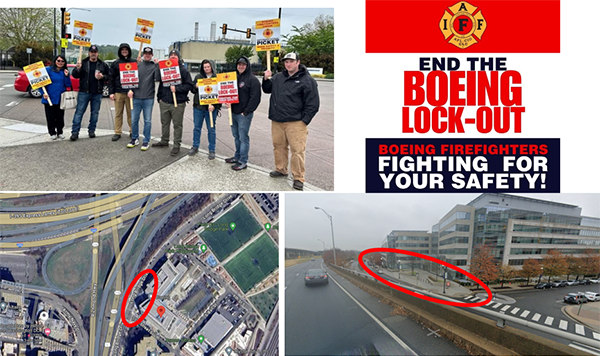 An image of workers carrying signs, two photos of the rally location and a graphic that reads, “End the Boeing lock-out—Boeing firefighters fighting for your safety!”