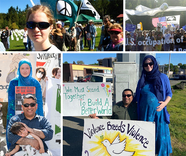 A compilation of four photos. From left to right, top to bottom: 1) Melissa attending a peace rally at age 15, in an open green field surrounded by people carrying peace signs. 2) A photo of marchers at the peace rally Melissa attended at age 15, carrying signs opposing U.S. occupation and wars. 3) A photo of Melissa and her husband and son attending a recent Pro-Palestine march. 4) A photo of Melissa and her husband attending another peace vigil for Palestine in May of 2023. Melissa is visibly pregnant and her husband holds signs that say “We must stand together to build a better world” and “Violence breeds violence” with the illustration of a peace dove.