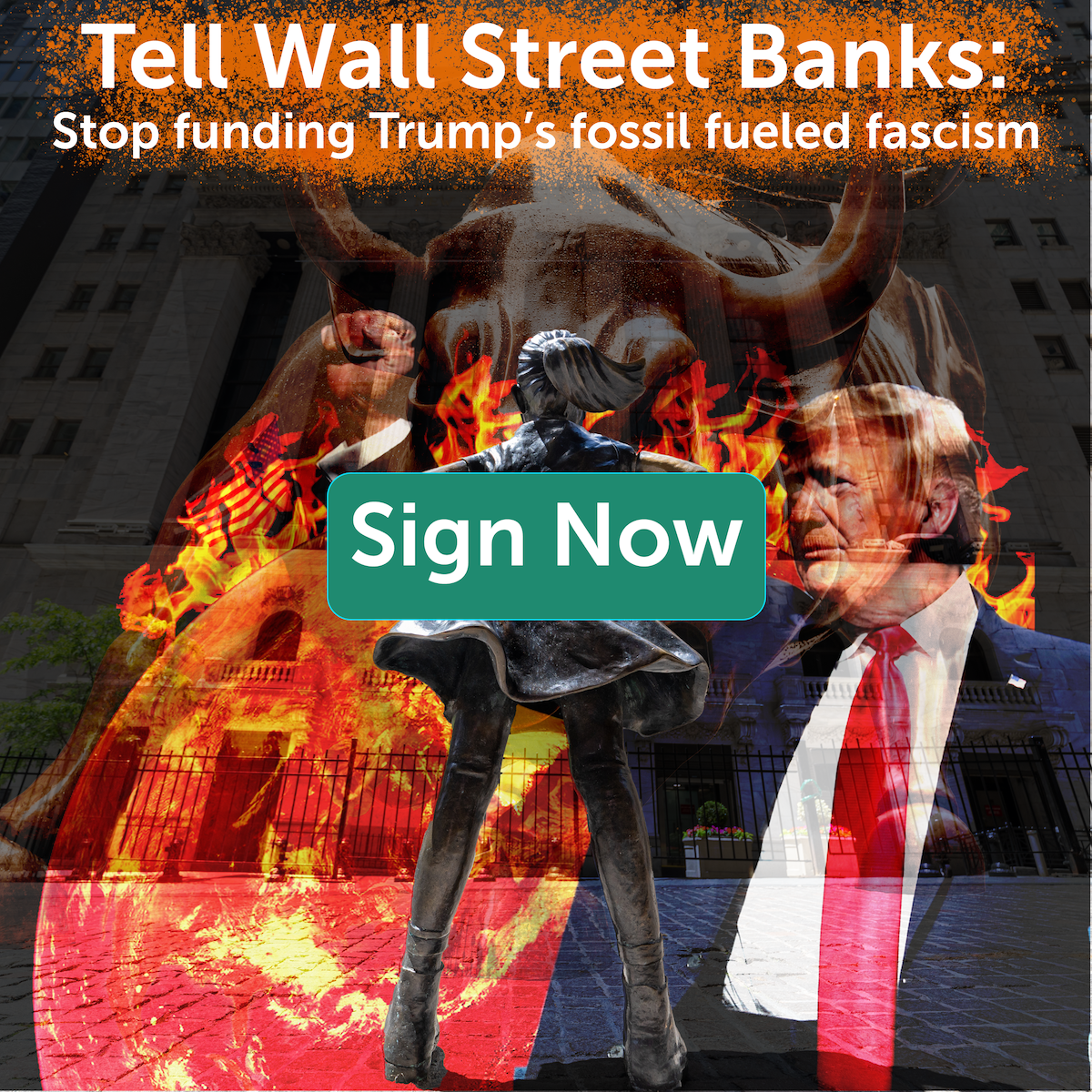 A picture of the brave little girl statue on wall street facing downDonald Trump with his fist raised in front of a burning planet earth.