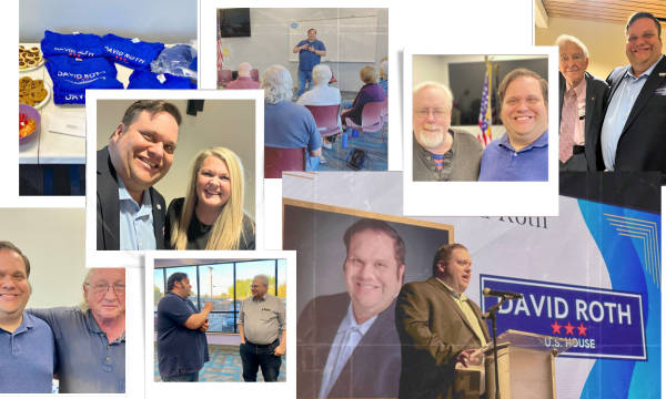  A collage of seven photos. In four photos, David poses with voters in ID-02. In the fifth photo, David wears a suit and addresses voters at a professional event. A giant screen behind him shows his headshot and campaign logo. In the sixth photo, David is dressed in a polo and jeans while giving a speech to elderly voters. A seventh photo shows campaign merch, chocolate chip cookies, and other goodies on a table at an event.