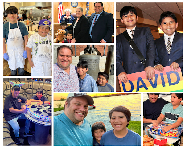 A collage of photos of David and his two sons spanning the past six years, at Disney, at their adoption, wearing aprons in a kitchen, at the lake where they fish, opening presents, and campaigning with David.