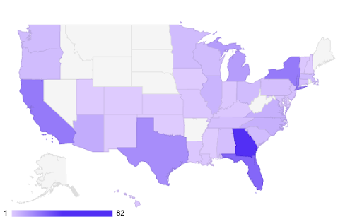 A map with different states filled in with lighter and darker shades of purple. The darkest state is Georgia followed by Texas, Florida, New York, and California.