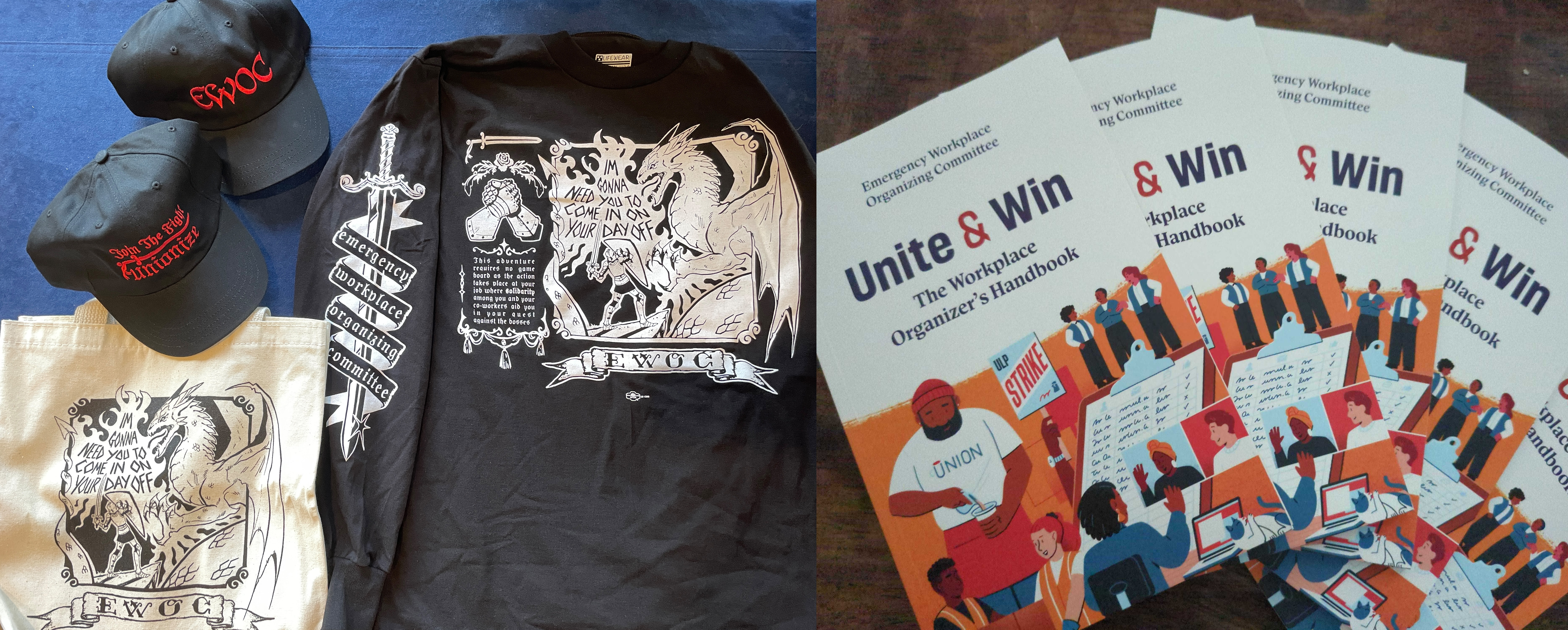 Samples of EWOC merch and copies of "Unite and Win" at our vendor booth