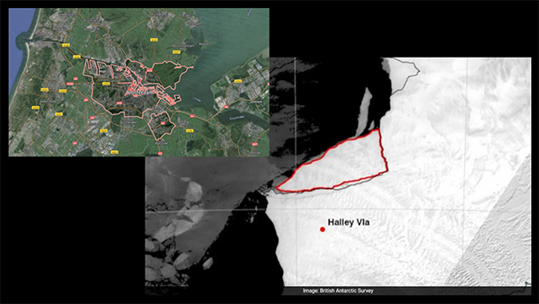 A graphic featuring an illustration of the size of the iceberg that broke away from the Antarctic ice shelf compared with a map of Amsterdam.