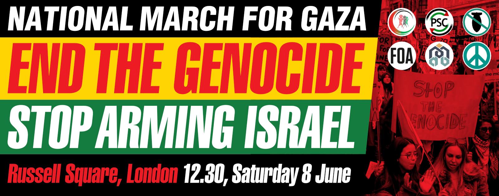 Graphic with logos for Palestinian Forum in Britain, Palestine Solidarity Campaign, Stop the War Coalition, Friends of Al Aqsa, Muslim Association of Britain, and CND. Text reads: 