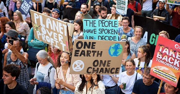 An image of protestors on an Extinction Rebellion march 