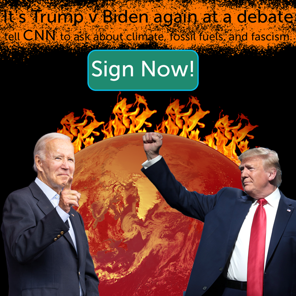 Trump and Biden in front of a burning earth with the words 