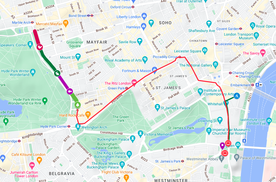 Map of the march route from Park Lane to Parliament Square