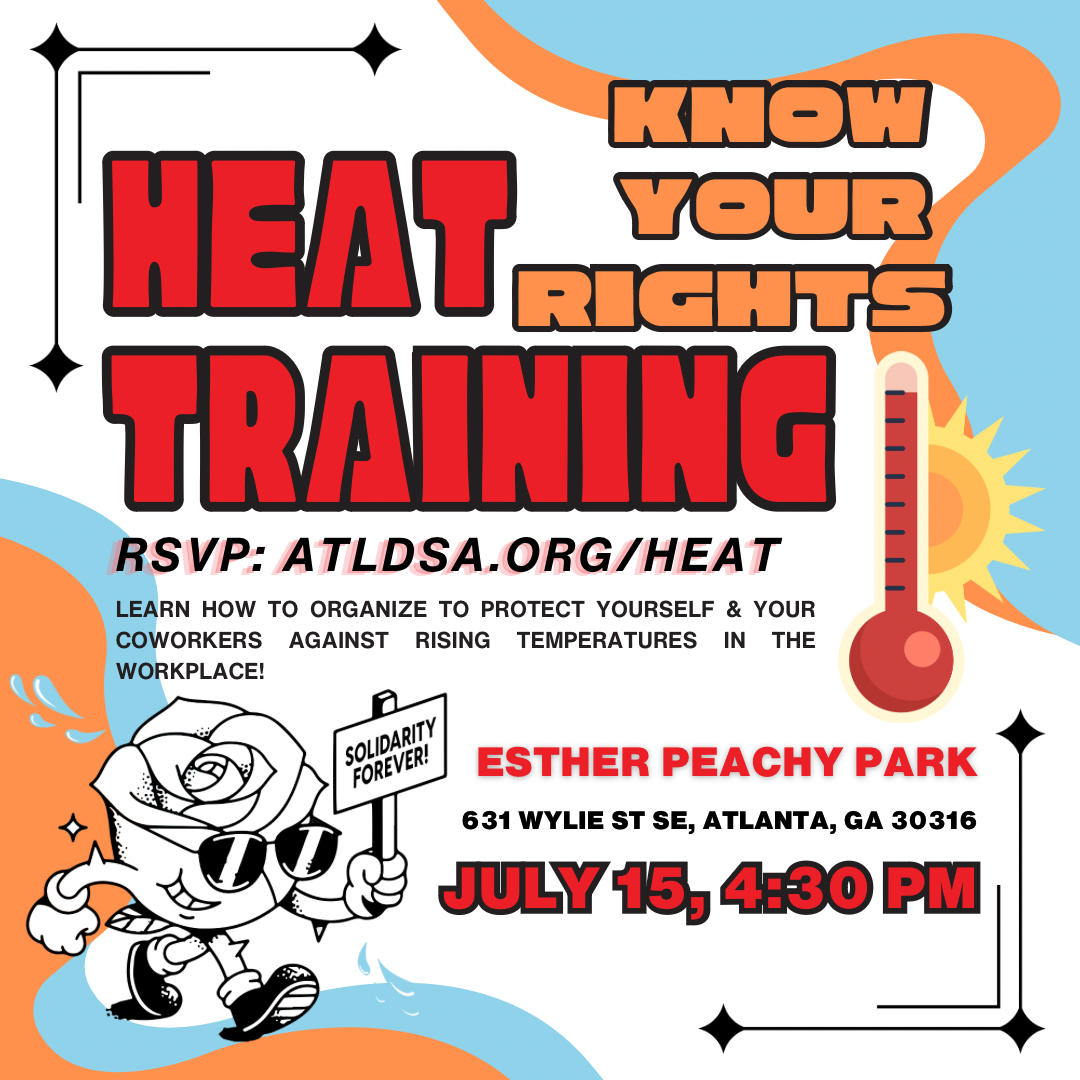 Promo image promoting the worker's rights Heat Training on July 15th.