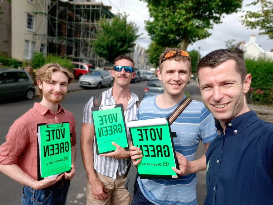 Chris Williams, Head of Field and Elections, and Green Party volunteers out campaigning. 