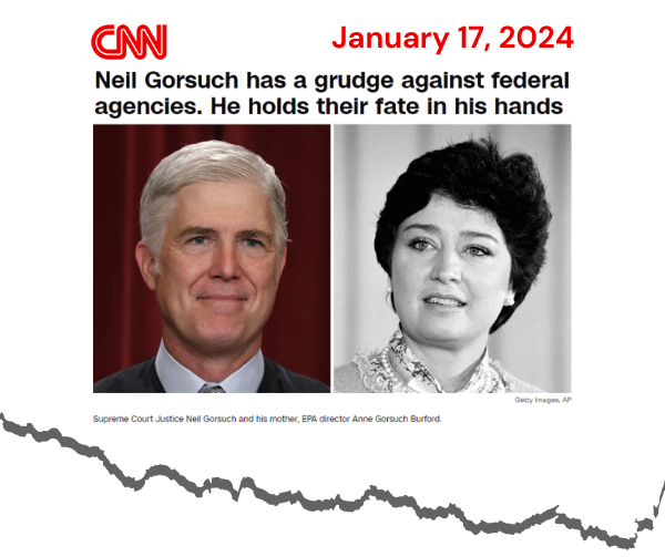 A headline graphic from CNN Politics with the title “Neil Gorsuch has a grudge against federal agencies. He holds their fate in his hands.” Behind the headline are two photos side-by-side of Justice Neil Gorsuch and his mother, Anne Gorsuch.