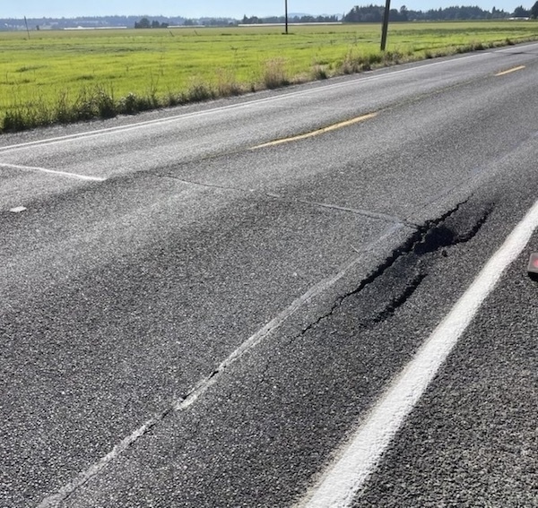 A photo of the road in Washington where the heat has caused the pavement to buckle. The damage looks like the road has ripped open under force.