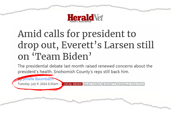 A graphic featuring a headline from the Everett Herald dated July 9, 2024, that reads: “Amid calls for president to drop out, Everett’s Larsen is still on ‘Team Biden’”