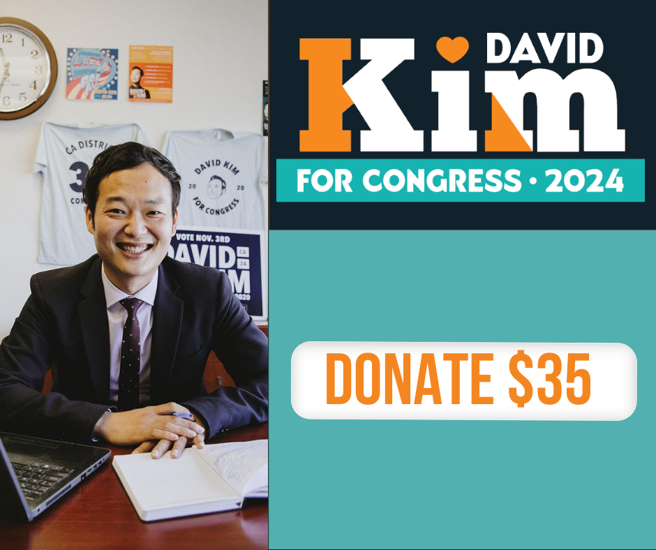 David Kim is pictured sitting at a desk in front of campaign signs. To the right is a graphic icon with a donation ask of $35 with the David Kim for Congress logo above