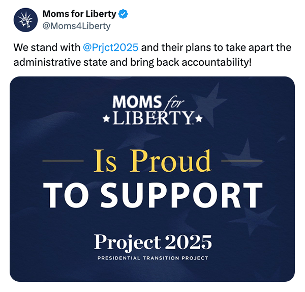 Tweet from Moms for Liberty that shows support for Project 2025