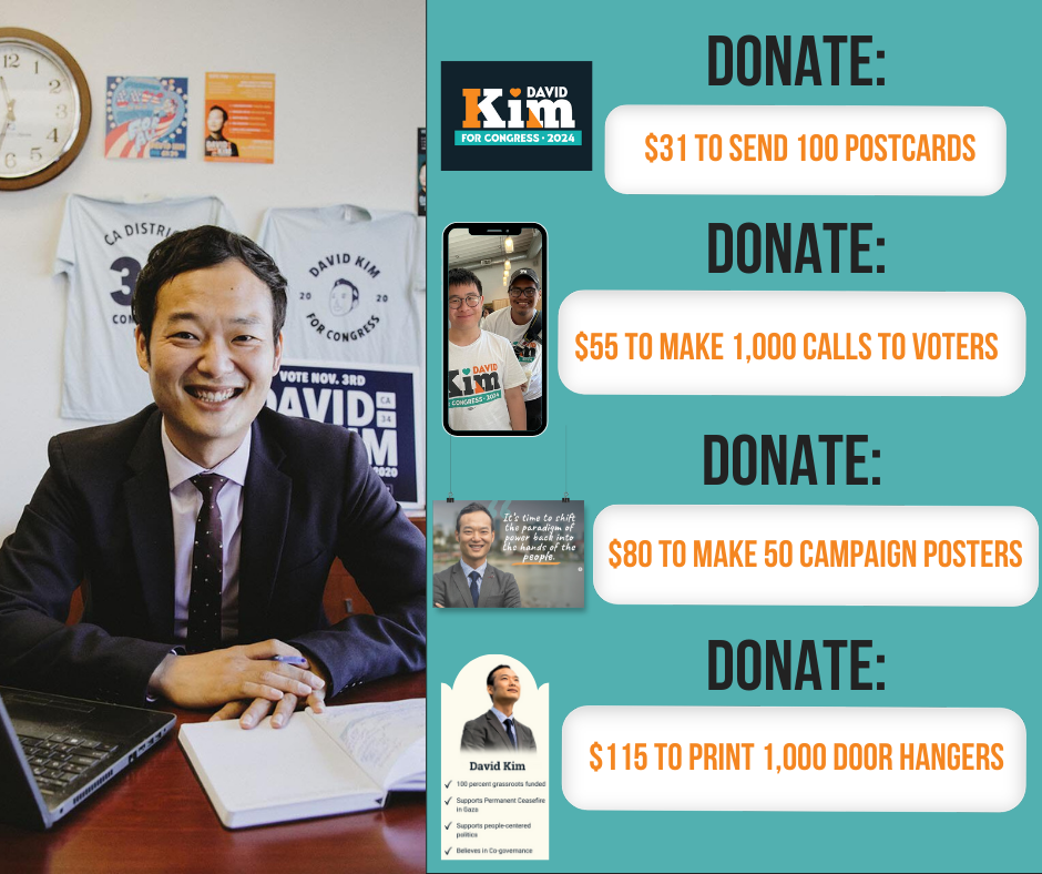  Left side shows David Kim in a suit, smiling at a desk with campaign materials visible. Right side lists donation amounts and corresponding campaign actions: $31 for 100 postcards, $55 for 1,000 voter calls, $80 for 50 campaign posters, and $115 for 1,000 door hangers. David Kim for Congress logo and additional campaign imagery.