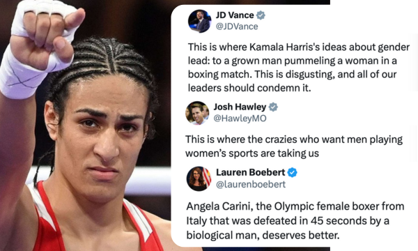 A photo of Imane Khelif and three tweets from Republican lawmakers. Vice Presidential nominee J.D. Vance writes “This is where Kamala Harris’ ideas about gender lead: to a grown man pummeling a woman in a boxing match. This is disgusting, and all of our leaders should condemn it.” Senator Josh Hawley writes “This is where the crazies who want men playing women’s sports are taking us.” Lauren Boebert writes “Angelina Carini, the Olympic female boxer from Italy that was defeated in 45 seconds by a biological man, deserves better.