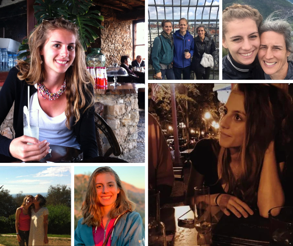 A collage of six photos of Samya Stumo. From Left to Right, Top to Bottom: 1) Samya is seated at a rustic restaurant enjoying something to drink, smiling warmly for the camera. 2) Samya and her parents, Michael and Nadia, pose happily for a photo on an observation platform of a tall building. 3) Samya and her mother Nadia take a selfie together high atop a mountain overlook by the ocean. 4) A photo of Samya and her mother Nadia as Samya leans her head towards her mother affectionately and Nadia kisses the top of her head. 5) Samya smiles brightly as her face is bathed in the fading light of a warm sunset, with mountains visible behind her. 6) Samya sits at an outdoor restaurant at night, leaning forward on the table and listening intently to the person speaking.