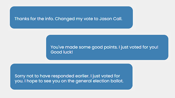 A graphic with three text responses to Jason Call for Congress reaching out to voters that read: 1) “Thanks for the info. Changed my vote to Jason Call.” 2) “You’ve made some good points. I just voted for you! Good luck!” and 3) “Sorry not to have responded earlier. I just voted for you. I hope to see you on the general election ballot.”