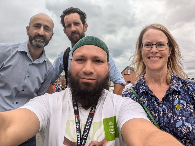 Mothin Ali with fellow Green councillors Ed Carlisle and Penny Stables in Harehills.