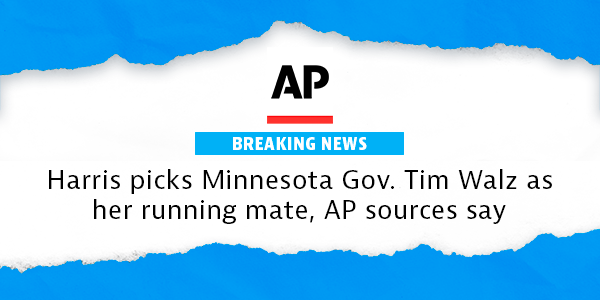 Harris picks Minnesota Gov. Tim Walz as her running mate, AP sources say