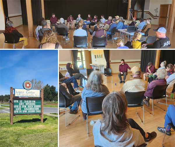 A collage of 3 photos. On the top, a wide angle photo showing Jason Call speaking with a group of supporters gathered in an auditorium. On the bottom left, a photo of the sign outside the event center showing Jason’s scheduled appearance at 1pm April 14th. On the bottom right, another angle showing the crowd gathered around to hear Jason.