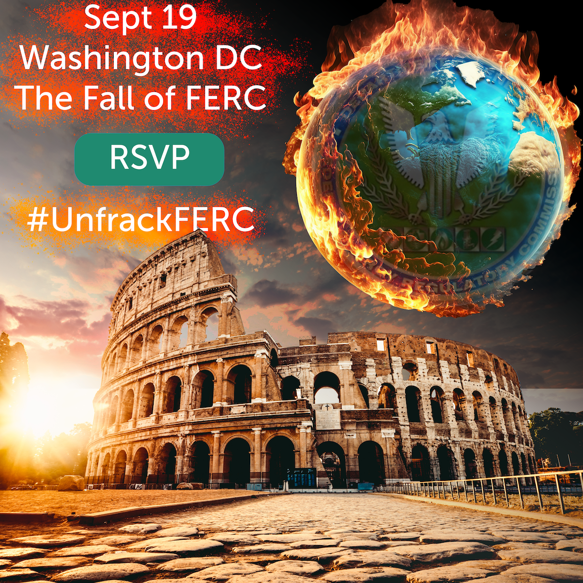 A Fall of FERC meme shows a burning earth with a FERC logo on it above the Roman colosseum