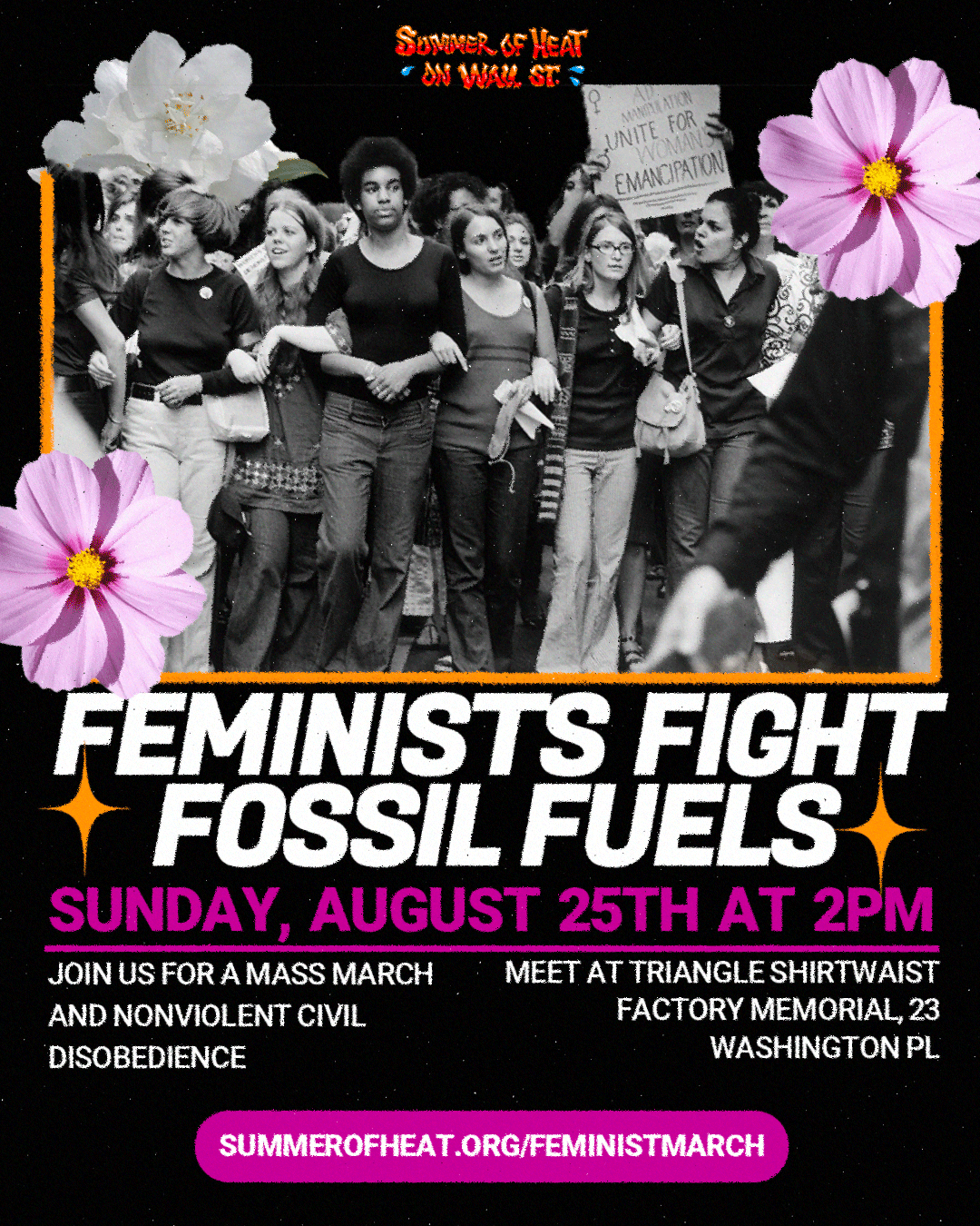 A flyer for our march shows women and feminists linking arms at the front of a march