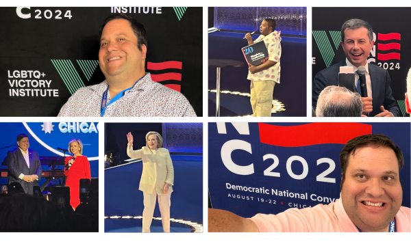 A collage featuring six photos David snapped at the DNC this week. Top row: David poses for a picture with the LGBTQ+ Victory Institute, comedian Keenan Thompson onstage at the DNC holding an enlarged copy of Project 2025, Pete Buttigieg speaks with David and others at the DNC. Bottom row: Illinois Governor JB Pritzker and Gwen Walz, Hillary Clinton on stage at the DNC, and David snaps a selfie in front of a large DNC 2024 sign.