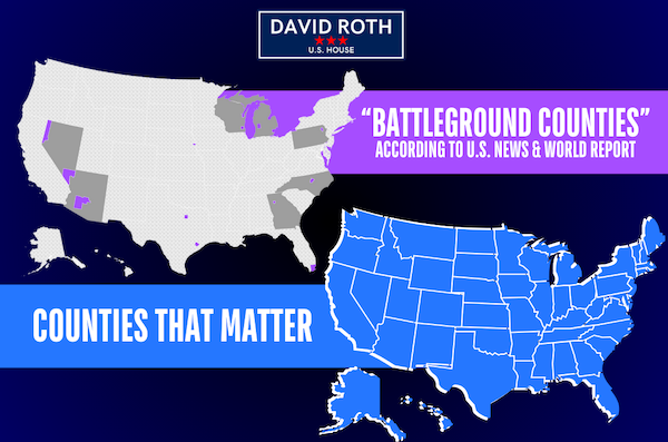 A graphic showing two maps of the United States. The first map is mostly light gray, with seven swing states shaded darker gray. 15 counties are highlighted bright purple. A banner next to the map identifies these counties as “Battleground counties according to the U.S. News & World Report.” The second U.S. map shows every state colored bright blue. A banner next to this map reads “Counties that matter.”