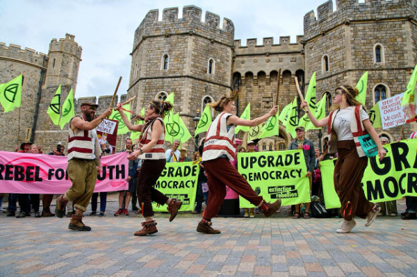 'May Day' morris dancers in front of castle gates