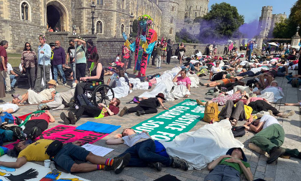 A die-in on the street in front of castle