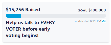 A screenshot of the goal tracker from ActBlue showing $15,256 raised towards the $100K goal.