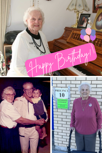 Three images of David’s grandmother Lucile in a collage. On top is Lucile sitting by the piano in a white sweater and black beaded necklace. Overlaid is a Happy Birthday banner with cartoon balloons. On bottom left is an image of David’s grandmother and grandfather, who is holding David as a child. On bottom right is an image of Lucile recently, standing in front of a voting precinct.