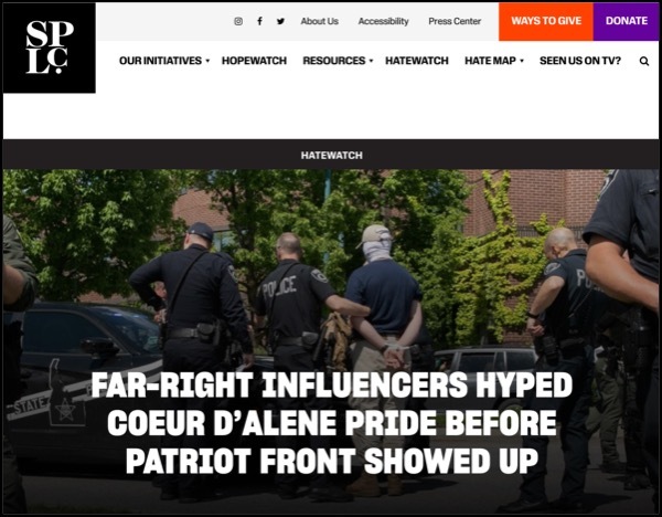 A screenshot of a Southern Poverty Law Center headline that says, “Far-Right Influencers Hyped Coeur D’Alene Pride Before Patriot Front Showed Up.