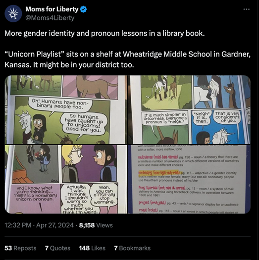 Tweet from Moms for Liberty that says: More gender identity and pronoun lessons in a library book. Unicorn Playlist sits on a shelf at Wheatridge Middle School in Gardner, Kansas. It might be in your district too.