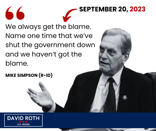 A graphic featuring a black and white cut out photo of Mike Simpson with the quote: “We always get the blame. Name one time that we’ve shut the government down and we haven’t got the blame.” The date displayed is September 20, 2023.