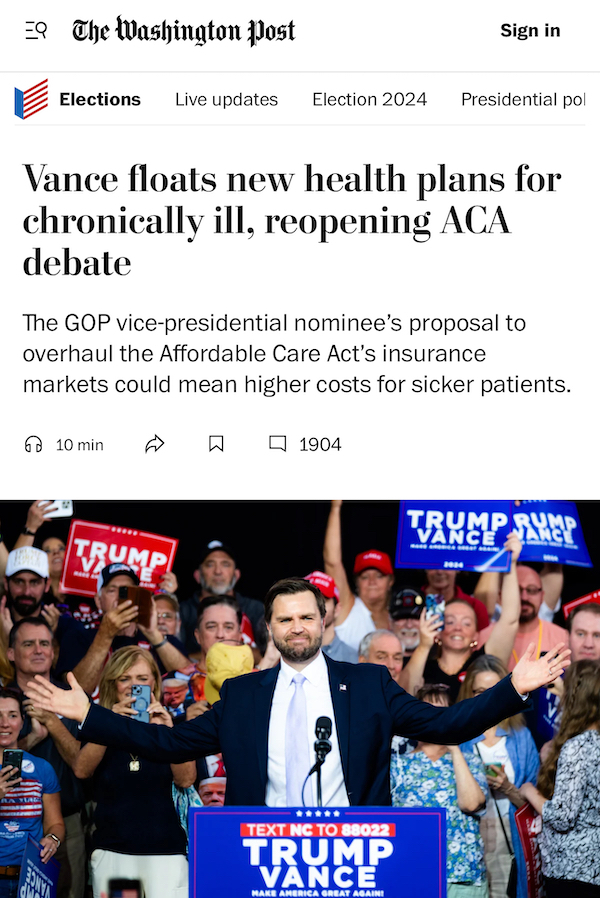 A screenshot of a Washington Post news article with the headline, “Vance floats new health plans for chronically ill, reopening ACA debate.”