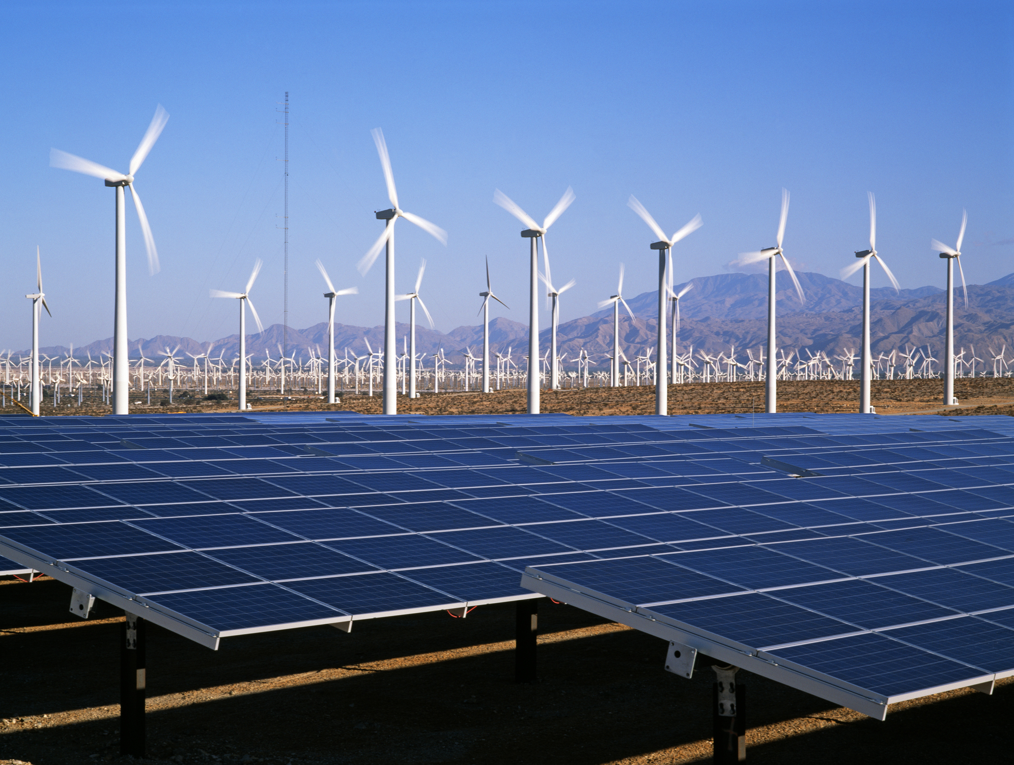 Wind turbines and solar panels.