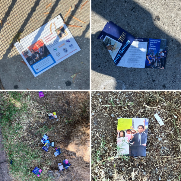 for Screenreaders: Photographs of campaign mailers that have been folded and crumpled and thrown onto the streets of Los Angeles