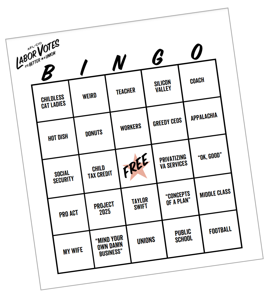 An image of the Labor Votes Bingo card.