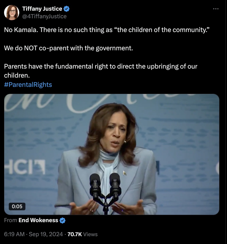 Co- founder of Moms for Liberty Tiffany Justice tweets out against VP Kamala Harris using the phrase 'the children of the community'