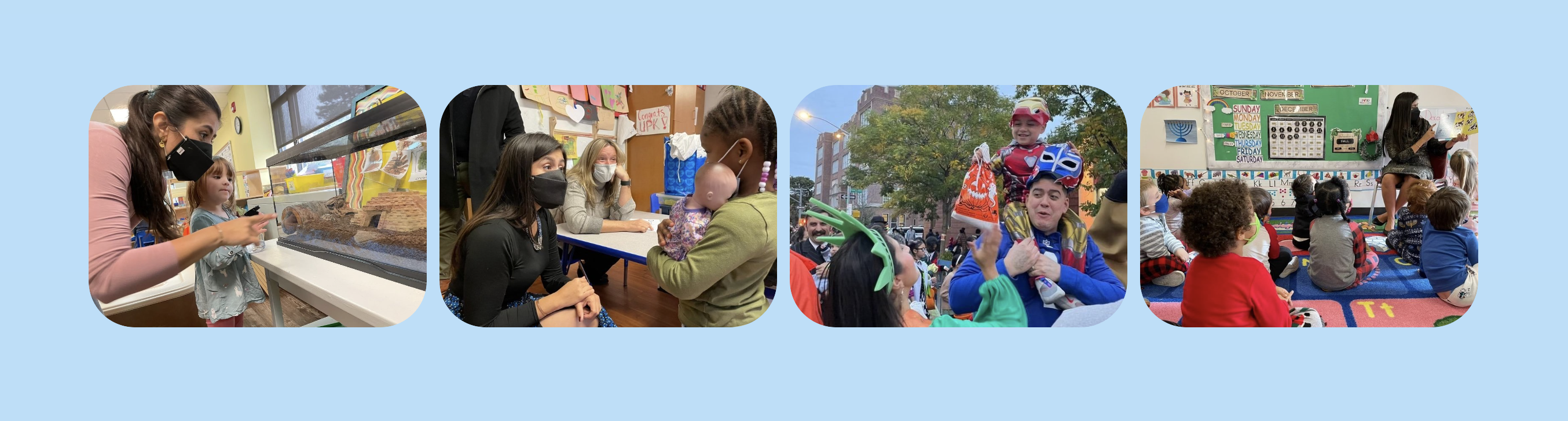 Pictures of Jessica at her many visits to child care facilities against a blue background.