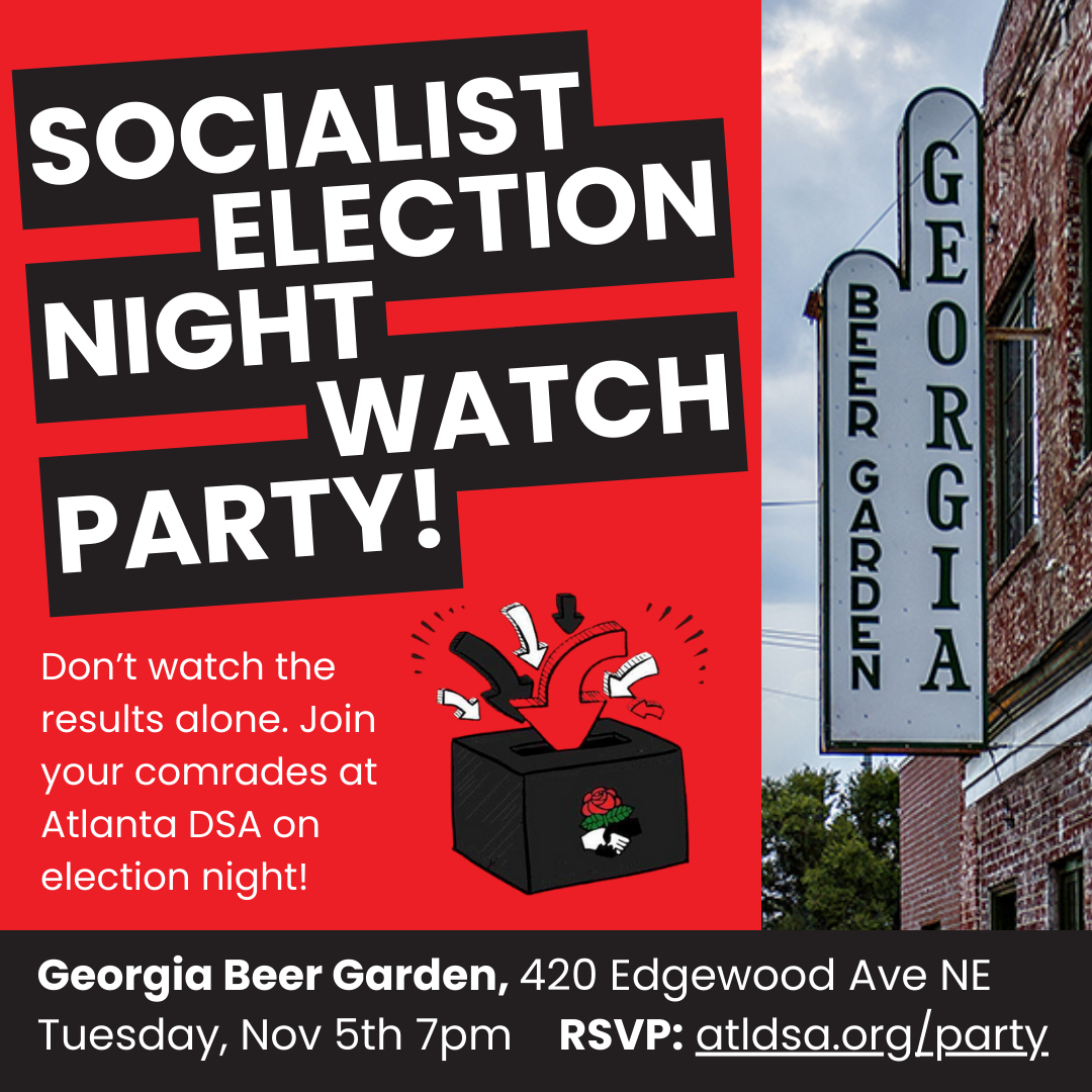 Event flyer with a DSA themed ballot box and a picture of the Georgia Beer Garden sign.