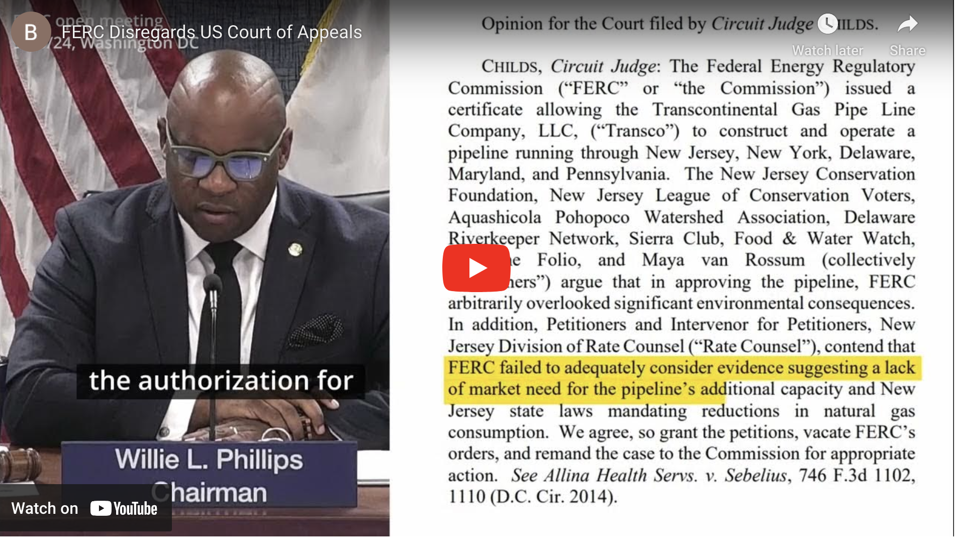 A video on Youtube shows FERC Chair Willie Phillips alongside a court order