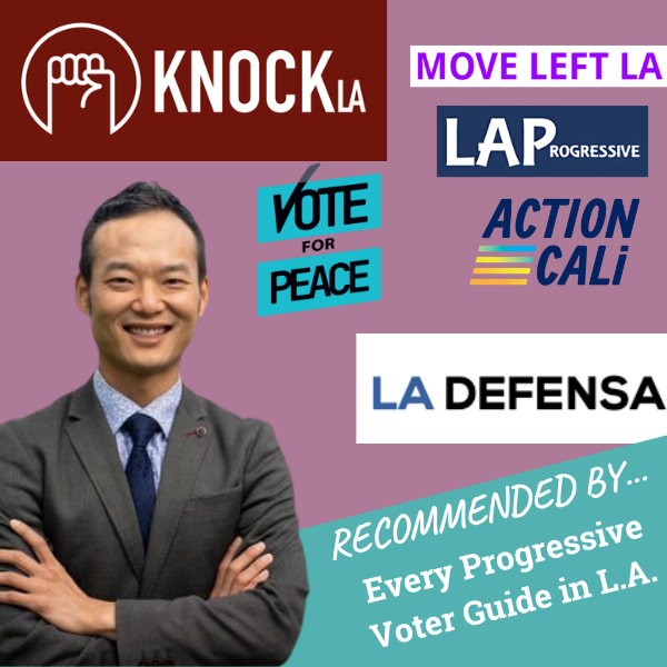 A graphic featuring a cutout photo of David Kim, smiling with his arms crossed in a confident pose, surrounded by logos for progressive voter guides that recommended his campaign.