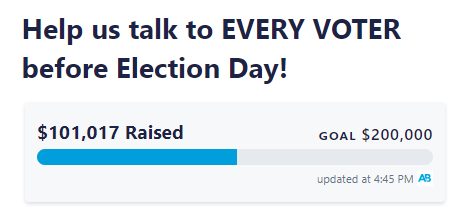 Screenshot of the goal tracker from ActBlue showing $101,017 raised out of a goal of $200,000.