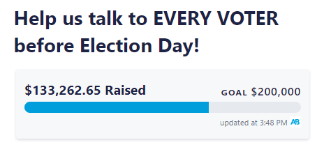 Screenshot of the goal tracker from ActBlue showing $133,262.65 raised out of a goal of $200,000.
