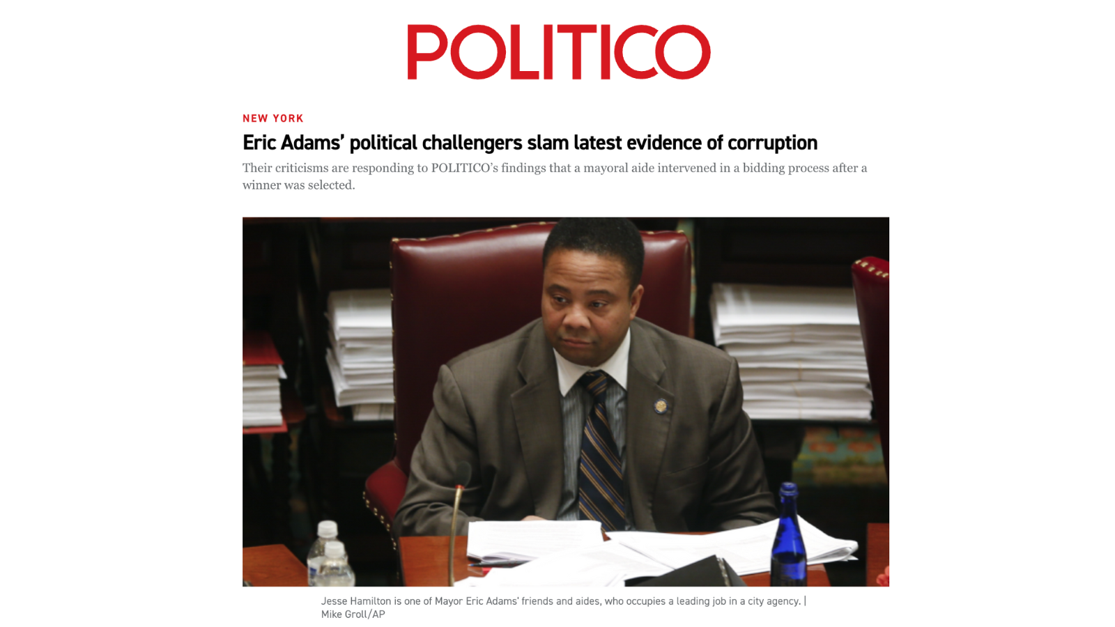 POLITICO: Eric Adams’ political challengers slam latest evidence of corruption.